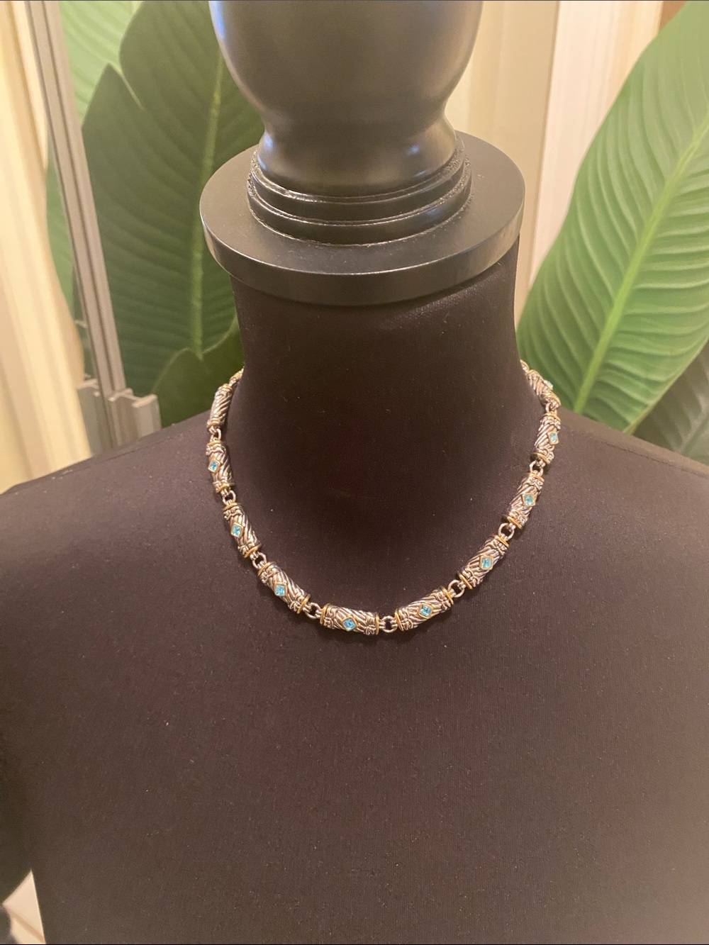 Silver/Gold-Tone Blue Accent Beaded Necklace